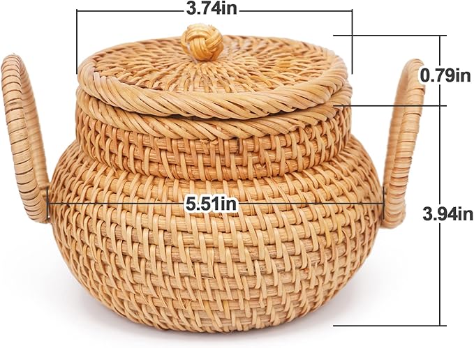 Small Rattan Basket with Lid, Rattan Basket Organizer with Handle, Rattan Snacks Basket Candy Bowl Rustic Woven Basket for Shelf Table Office Decor