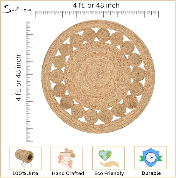 Savi Home Jute Area Rug Handwoven- 4 feet Round- Natural Beige - Rustic Vintage Beige Braided Reversible Rug- Eco Friendly Rugs for Farmhouse, Bedroom, Kitchen, Living Room