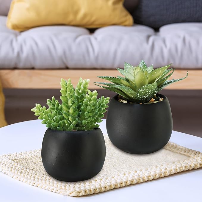 Winlyn Set of 3 Artificial Succulents Plants in Black Cement Planters Faux Potted Plants Aloe String of Pearls Donkey Tail Small House Plants 5" Tall for Table Shelf Home Office Bathroom Living Room
