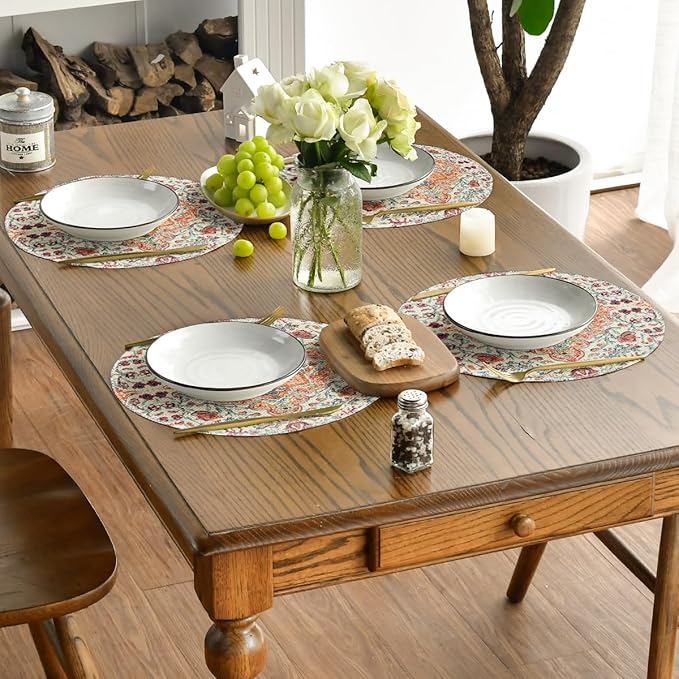 Artoid Mode Boho Round Placemats Set of 4,14 Inch Seasonal Daily Orange Teal Flowers Bohemia Table Mats for Party Kitchen Dining Decoration