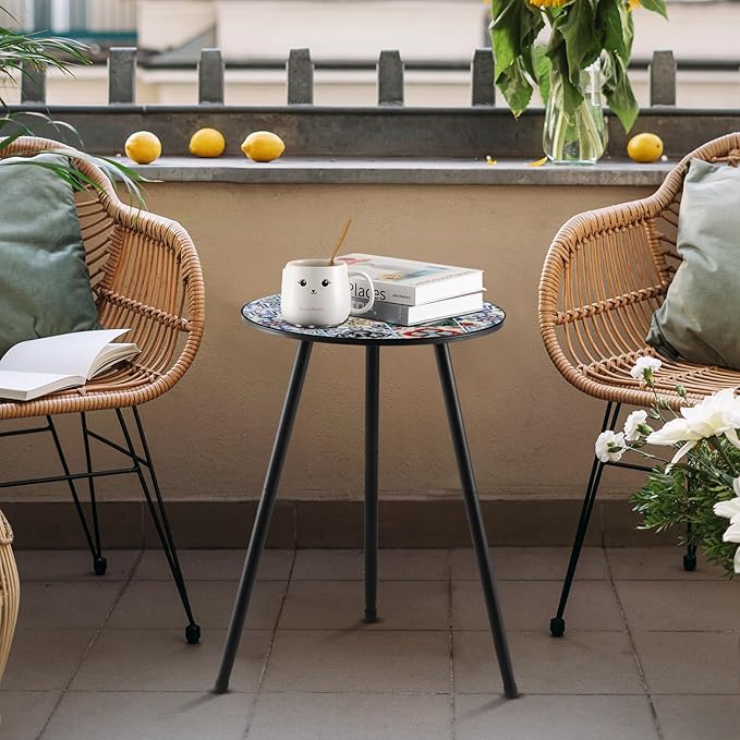 2 Packs Metal Mosaic Round Side Tables 13.4" Small Outdoor Patio Round Accent Coffee Tables Indoor Corner Stand for Small Spaces Weather-Resistant for Balcony, Porch Plant Stands Indoor, Mixed Mosaic