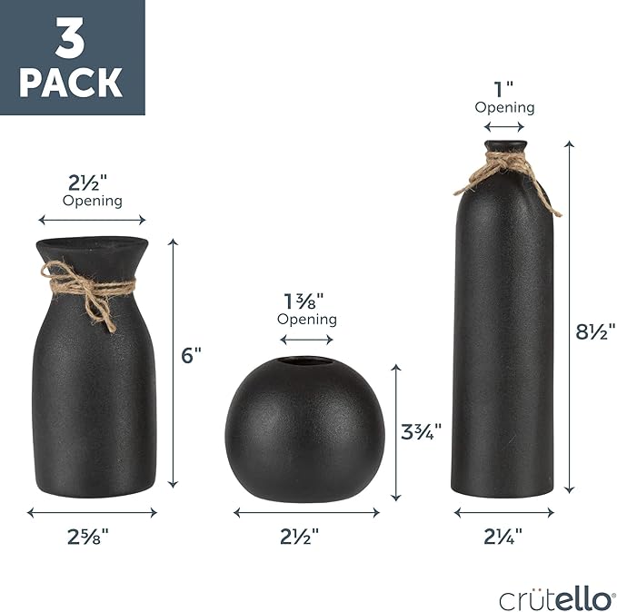Crutello Ceramic Vase Set - 3 Black Textured Vases - Rustic Vase Set, Perfect Home Decor for Mantles, Bookshelves, Tables, Entryways
