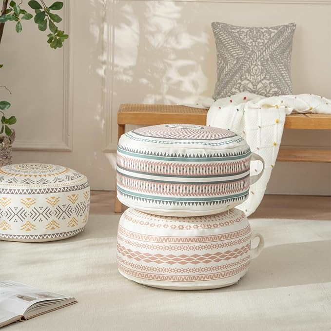 MOCOFO Round Geometric Pattern Pouf Cover with Zipper 18"x18"x8" Storage Canvas Ottoman Seat Footrest for Living Room Bedroom Kids Room Pastel Home Decor