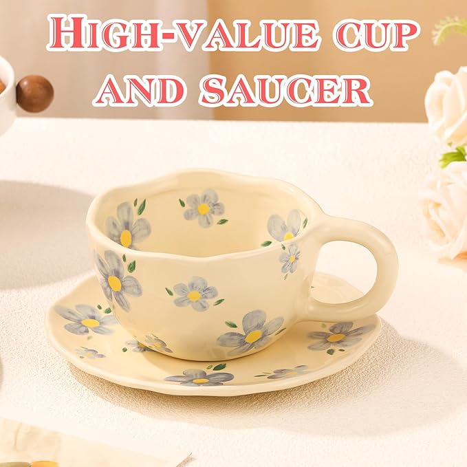 Cappuccino Cups with Saucers 8 oz Latte Art Cup Ceramics Coffee Mugs Irregular Aesthetic Flower Cups for Espresso, Double Shot, Americano, Latte, Tea - Microwave and Dishwasher Safe (Blue Flowers)