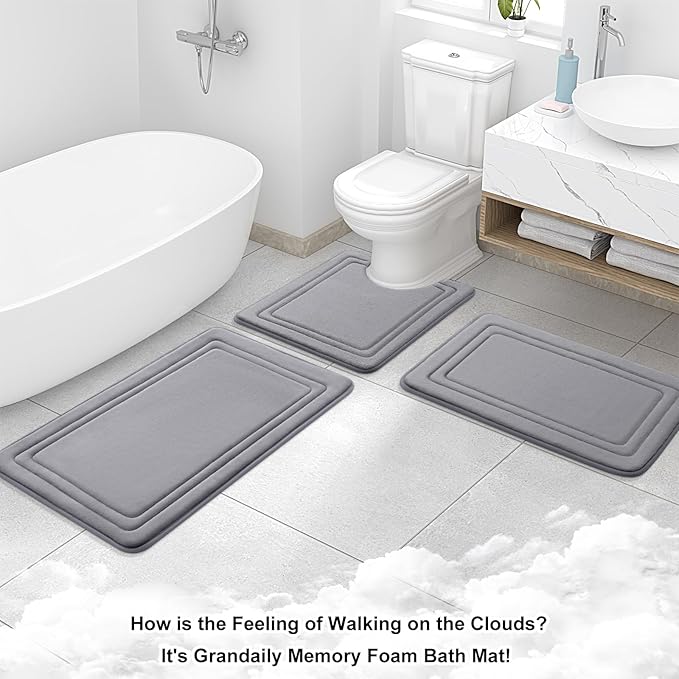 Grandaily Memory Foam Bath Mat Rug 24x16, Ultra Soft, Non-Slip and Absorbent Bathroom Rugs, Machine Wash Dry, Comfortable Bath Carpet for Bathroom Floor, Tub and Shower, Medium Grey