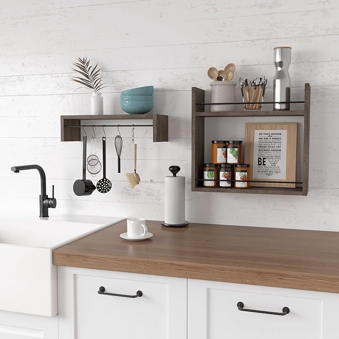 RICHER HOUSE Floating Shelves, Wall Shelves Above Toilet Wall Storage, Wall Mounted Bathroom Shelves with Towel Bar, Shelves for Bedroom, Kitchen, Vanity Shelves Room Decor Wall Cabinet - Brown