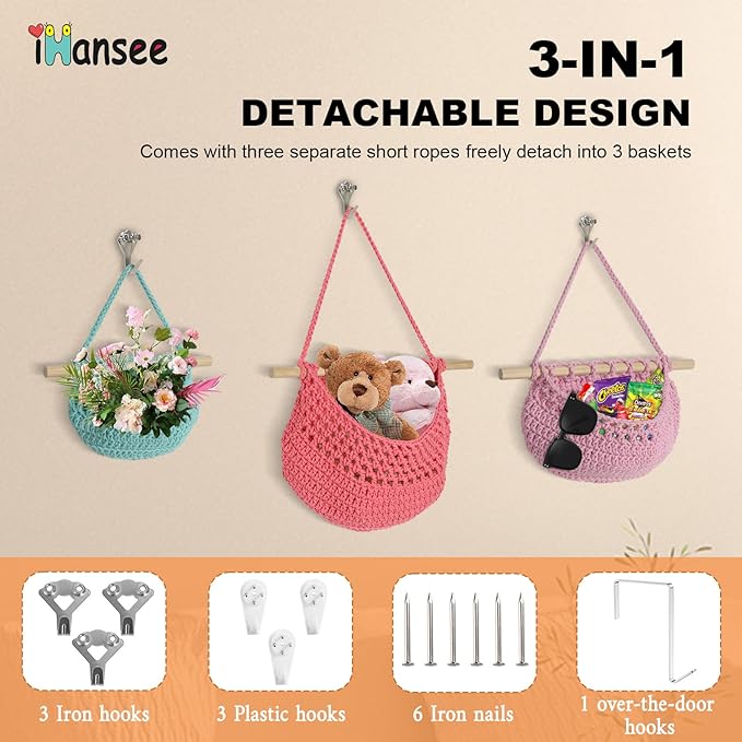 Hanging Baskets for Organizing, 3 Tier Detachable Wall Hanging Fruit Basket Over the Door Organizer for Vegetable Plant, Blue Pink Boho Cotton Crocheted Fruit Holder for Kitchen Bathroom Bedroom