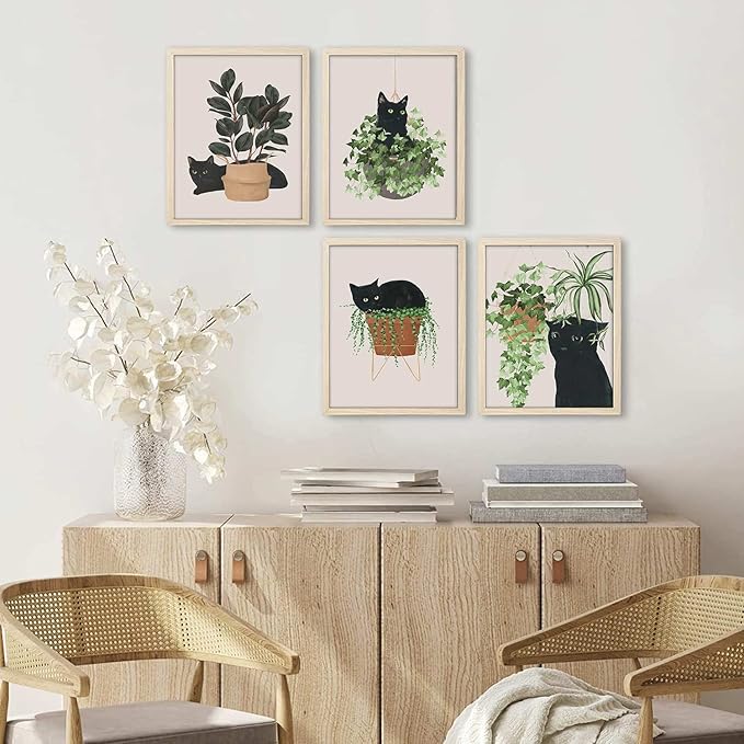 6pcs Cute Black Cat Botanical Wall Art, Green Leaves Plants Boho Wall Art Canvas Paintings, Minimalist Aesthetic Poster Prints Wall Decor Pictures for Living Room Bedroom Office, Unframed (8"x10")