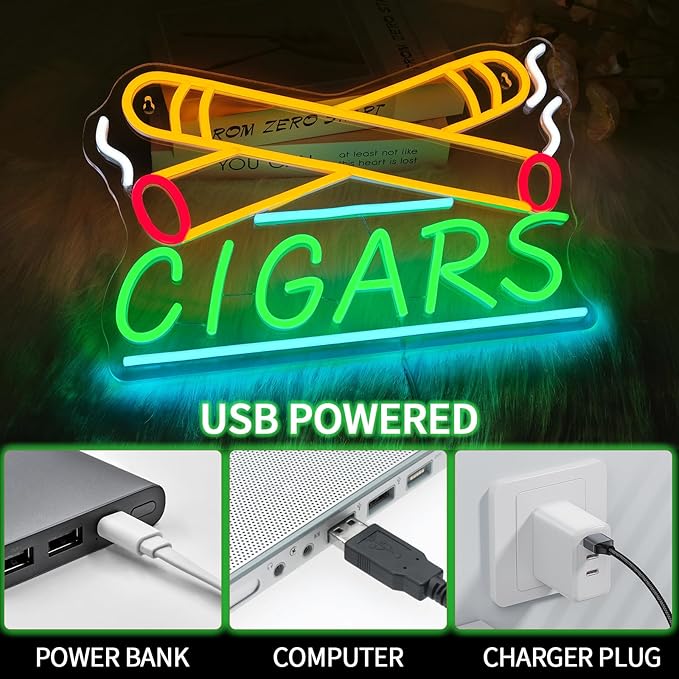 Cigar Neon Sign for Wall Decor Dimmable Cigarette Led Lights Signs Smoke Shops Neon Light for Cigar Lounge Pub Home Bar Party Decoration USB Powered
