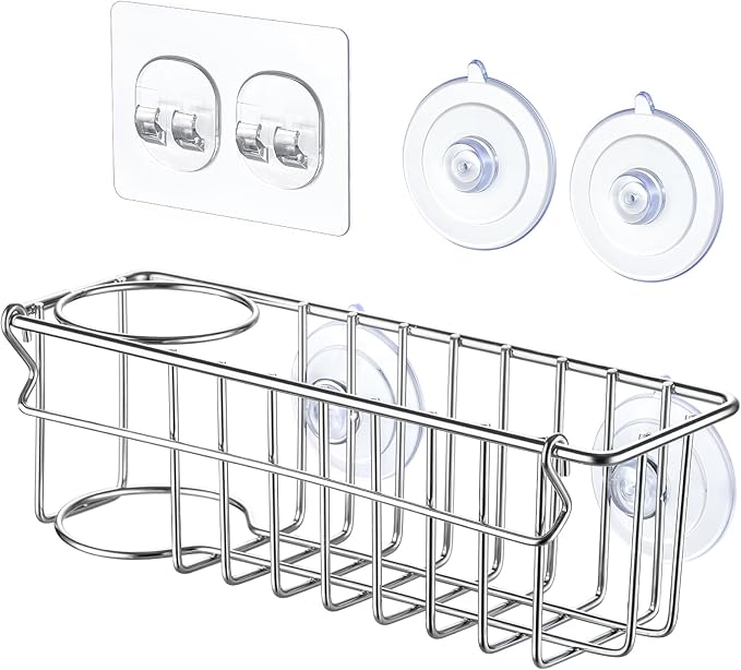 3-In-1 Sponge Holder for Kitchen Sink with Suction Cups & Adhesive Hook, In-sink Sponge Holder, Wall Hanging Sink Caddy Organizer Rack - Sponge, Dish Cloth, Brush, Scrubber - 304 Stainless Steel