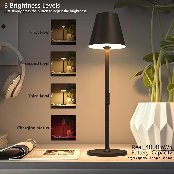 Modern LED Cordless Table Lamp, 4000mAh Rechargeable Battery, 3 Level Brightness Night Light, Metal Shell, Minimalist Design, for Couples Dinner/Coffee Table/Restaurant/Bedroom, Khaki