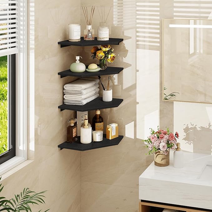 Homode Corner Floating Shelves, Corner Shelves Wall Mounted with Cord Hole, 4 Tier Diamond Shape Corner Hanging Shelving for Wall Storage, for Cable Box, TV Cords, Books, Plants, Black