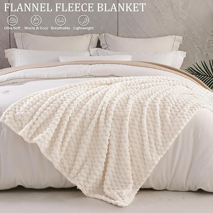 Exclusivo Mezcla Queen Size Soft Fleece Blanket, 90x90 Inches Stylish Jacquard Velvet Blanket for Bed, Fuzzy Cozy Lightweight for All Season, Ivory
