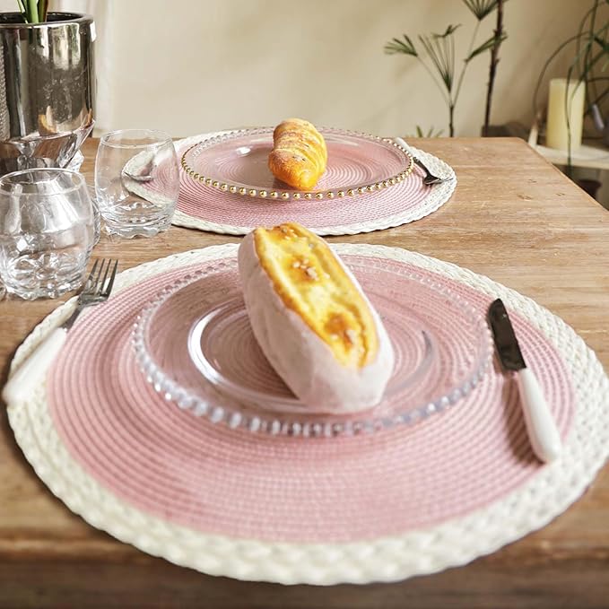 Noctiflorous Round Braided Placemats Set of 8 Table Mats 15 Inches Washable Heat Resistant for Dining Table Non-Slip Indoor Outdoor Place Mats for Easter(02 White Edge Pink 8)