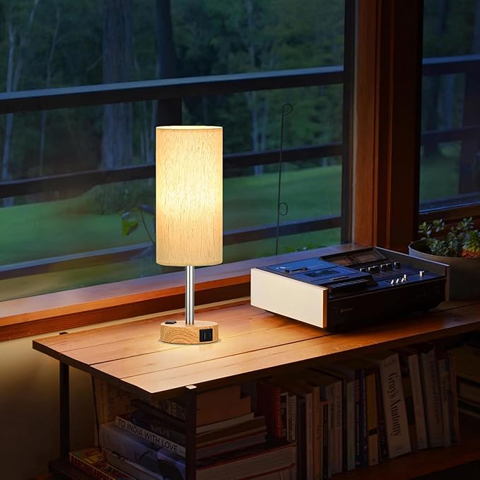 Touch Bedside Table Lamps Set - 3 Way Dimmable Bedroom Lamps Set of 2 with USB C and A Ports, Small Lamps for Nightstand with AC Outlet, Wood Base Round Flaxen Shade for Desk, Office, Dorm, Nursery