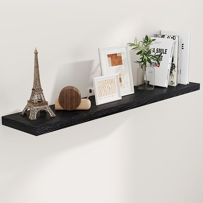 55 Inch Black Floating Shelves, 9.3 Inch Deep Wall Mounted Floating Shelf, 55 x 9.3 Large Storage Wall Shelf for Living Room, Floating TV Stand, Farmhouse Rustic 55" Long Fireplace Mantel