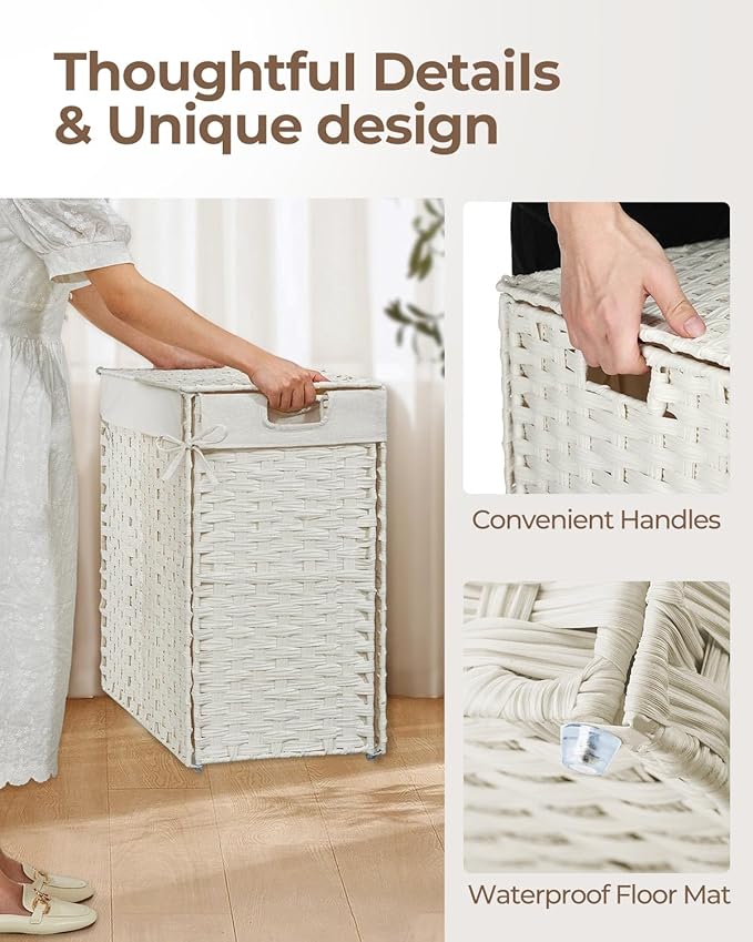 Greenstell Laundry Hamper with 2 Removable Liner Bags,90L Divided Clothes Hamper, Handwoven Synthetic Rattan Foldable Laundry Basket with Lid and Handles White (18.5 x 13.3 x 24.0Inches)