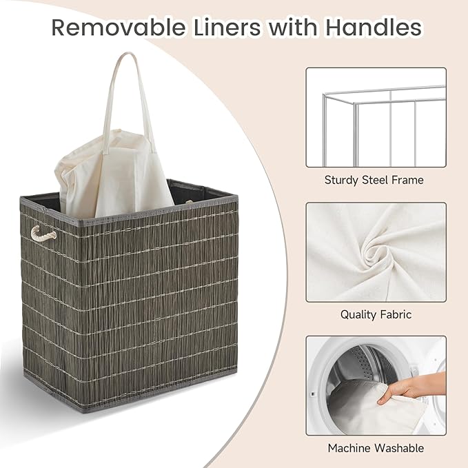 Laundry Hamper with Lid, 42.3 Gallon (160L), Handwoven Rattan Laundry Basket, 3-Section Clothes Hamper with Handles, 2 Removable Liner and Side Pocket, Grey