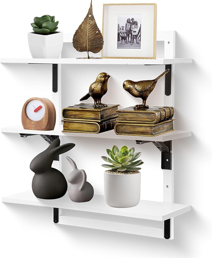 24-Inch Floating Shelves for Wall,3-Tier Wooden Wall Mounted Kitchen Shelves with Foldable Brackets,Hanging Wall Shelves for Living Room, Coffee Bar,Bedroom, Bathroom,Classic White