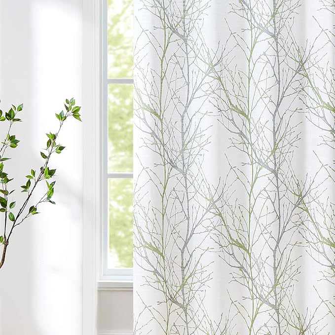 FMFUNCTEX Extra Wide Patio Door Curtain 100 inches Width by 96 Inch Length for Living Room Tree Print Not See Through Linen Semi Sheer Curtain Green Gray Branch Sliding Glass Door Curtains 1 Panel