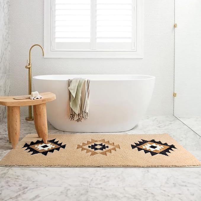 DEXDE Boho Bathroom Runner Rugs 24x60 Long Bath Mat for Bathroom Bedroom Hallway Kitchen Shower Luxury Soft Absorbent Large Bath Rugs Carpet Geometric Farmhouse Home Decor, Beige