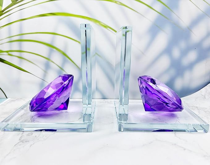 Crystal Bookends Decorative Glass Book Holders Heavy Duty Book Ends with Diamond for Shelf Decor Unique Book Stopper Purple