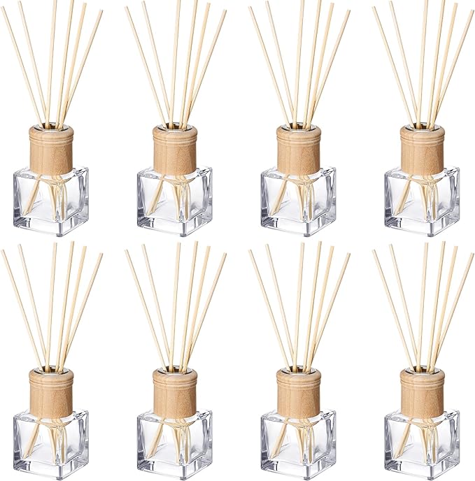 Roshtia 8 Set Reed Diffuser Bottle Empty Refillable Fragrance Glass Diffuser Bottles with Wooden Caps Rattan Sticks 50ml 1.7 oz Glass Jars for DIY Fragrance