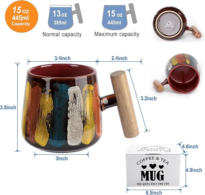 Coffee Mug, 15 Oz Mug with Wood Handle for Coffee Bar, Latte, Cappuccino, Cocoa, Mocha, Valentines Day, Teacher Appreciation, Birthday Gifts for Women, 1 Gift Box (Red)