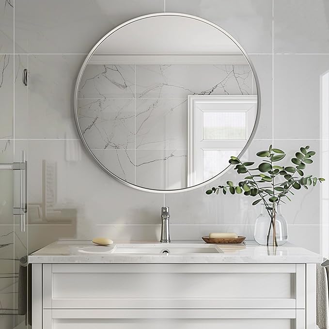 Silver Round Mirror 30 inch, Round Bathroom Mirror, Silver Circle Mirrors with Aluminum Frame, Circle Wall Mirrors for Bathroom, Living Room, Hallway, Bedroom.