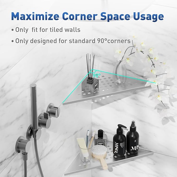 Corner Shower Shelf 10" Slot Design Bathroom Shelves for Tiled Wall, 304 Stainless Steel Recessed Organizer Corner Shelves for Inside Shower Decor, 2 Pack, Silver (Square)