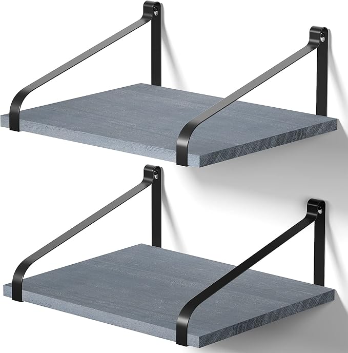 Love-KANKEI Floating Shelves Wall Mount Rustic Wood Wall Shelves with Large Storage L16.5 x W12 inch for Kitchen Living Room Bathroom Bedroom Set of 2 Weathered Grey