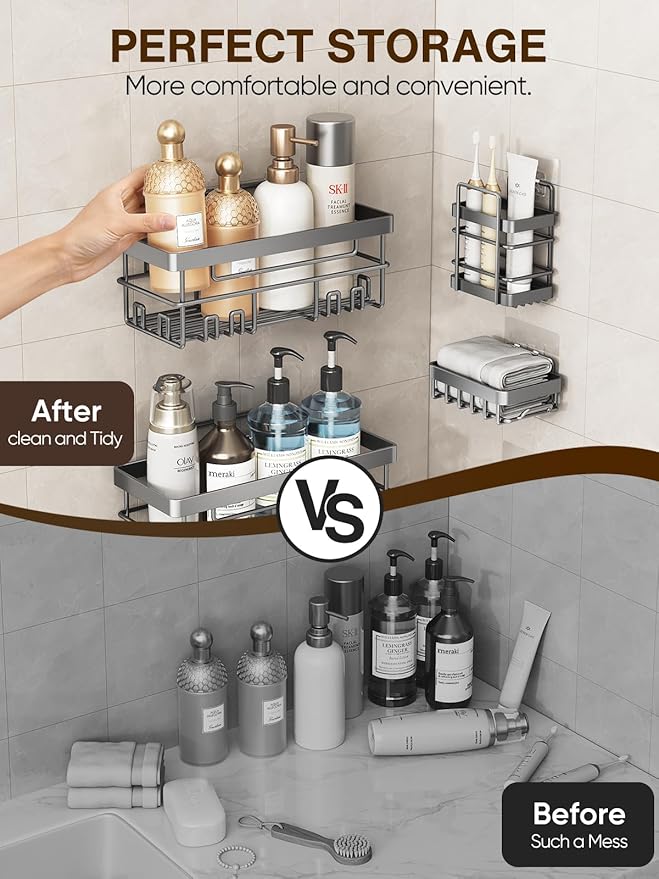 Cobbe Adhesive Shower Caddy 5-Pack, Large Wall Mounted Shower Shelves Rack, Organizer Storage Accessories with Soap Dish&Toothbrush Holder, Shelves for Bathroom Storage & Home Kitchen Decor, Gray