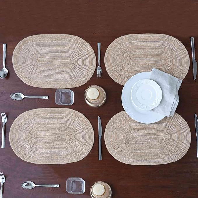 Noctiflorous Oval Braided Placemats Set of 4 Woven 12x18 Inch Non Slip Washable Heat Resistant Place Mats Round Tablemats for Dining Kitchen Party Daily Table Decor Dinner Mats (15 Coffee Brown, 4)