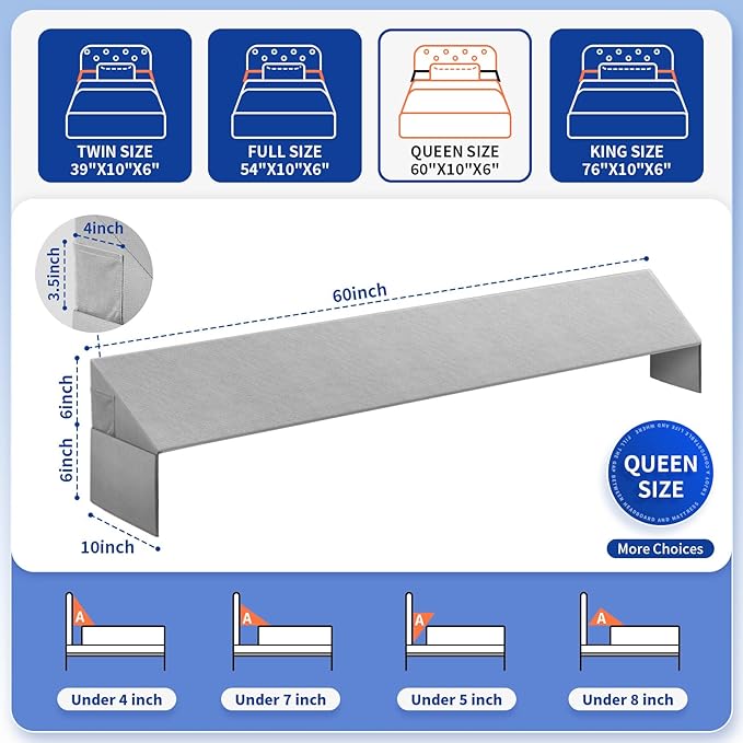 Bed Wedge Pillow for Headboard Gap, Queen Size Bed Wedge Gap Filler Mattress Wedge Filler(0-8") Triangle Bloster Pillow Wedge with 2 Side Pocket (60"x10"x6")