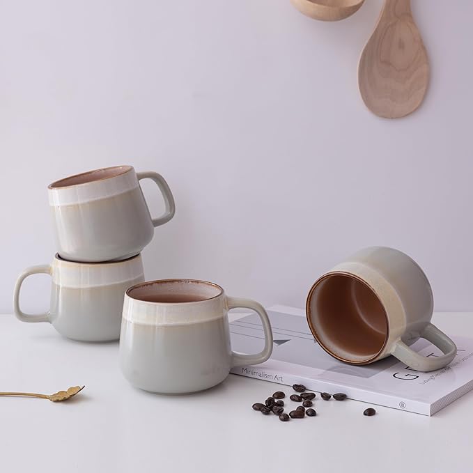 Ceramic Coffee Mugs Set of 4, 12 oz Stoneware Coffee Cups with Comfortable Handle for Latte, Tea, Cappuccino, Cocoa -Microwave and Dishwasher Safe - Modern Unique Aesthetic - Reactive Glaze