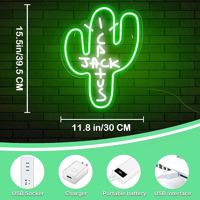 Cactus Jack LED Neon Sign - Decor Dimmable Green Jack Cactus Neon Light Up Wall Art for Bedroom Festival Decoration 15.7" X 11.8" Dimmer Home Lights for Man Cave Club Pub Beer Bar Birthday Gift