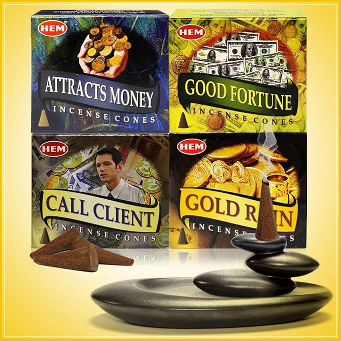 Hem Incense Cones Variety Pack #1 And Cone Incense Burner Bundle With 4 Money Luck And Business Themed Fragrances