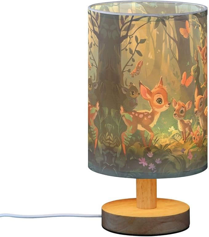Table Lamp Forest Animal Deer Fox Butterfly Bird Flower Nightstand Lamp with Wood Base Fabric Lamp Shade Bedside Desk Lamp for Living Room Bedroom Kids Room Office