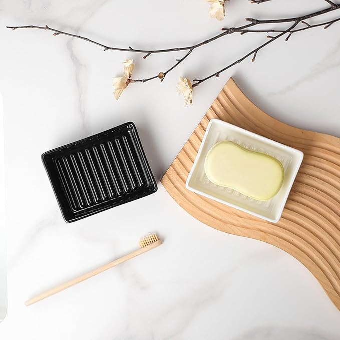 Black Rectangle Soap Dish - Modern Ceramic Hand Soap Holder Non-Slip Bar Soap Holder Soap Tray for Bathroom, Kitchen Sink, Shower, Countertop, Easy to Clean