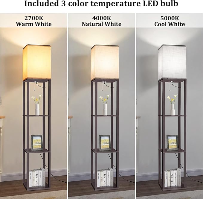 Dott Arts Floor Lamp with Shelves, Floor Lamps for Living Room Decor Display Shelf Lamps with 3 Color LED Bulb, Modern Floor Lamp for Bedroom Standing Lamp for Living Room Office,Home Decor(Walnut)