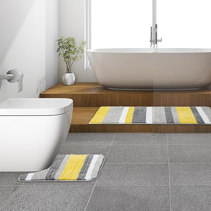 MIULEE Yellow Grey Bathroom Toilet Rug, U Shaped Contour Rugs, Absorbent Bath Mat with Non Slip Back and Thick Microfiber Machine Washble, 24'' x 24''