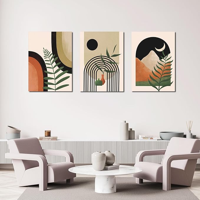 Boho Wall Art painting Set of 3, Mid Century Modern Wall Art, Boho Room Decor, Neutral Abstract Geometric Prints Black Beige Botanical Framed Canvas Print Wall Art Ready to Hang for Living Room 12x16inch