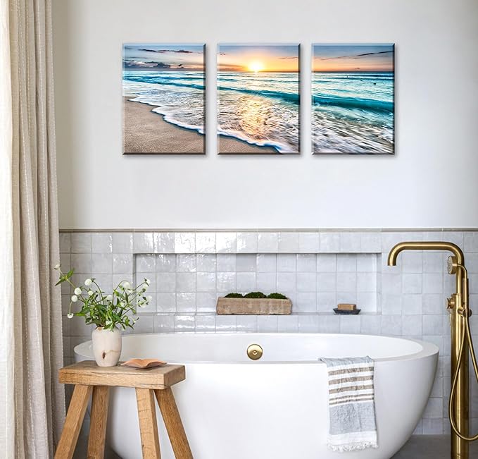 3Pcs Ocean Decor - Modern Beach Bathroom Decor Wall Art for Living Room Beach Decorations for Home Pictures Bedroom Canvas Seascape Paintings Deep Blue Sea Wave Sunset Framed