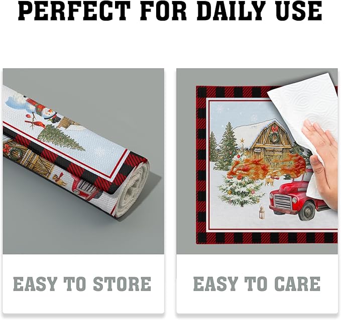 Giwawa Christmas Truck Placemats Set of 4 Winter Snowman Xmas Trees Place Mat with Black Red Buffalo Plaids 12"x18" Snow Farm Scene Non Slip Table Mats for Kitchen Dining Holiday Party Decor