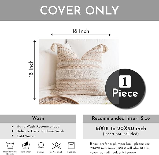 Decorative Throw Pillow Cover 18x18 Square Cream Neutral White Boho Accent Pillowcase Tassels Farmhouse Cushion for Couch Sofa Bedroom Living Room Home Décor (Cover ONLY, Pack of 1)