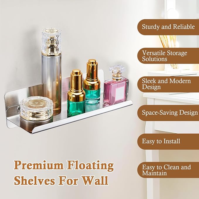 Bathroom Shelf, Wall Mounted Shower Caddy, Adhesive Floating Shelves, Stainless Steel Wall Shelf, No Drilling Floating Shelf Silver Shower Storage Organizer for Bathroom/Bedroom/Kitchen Decor