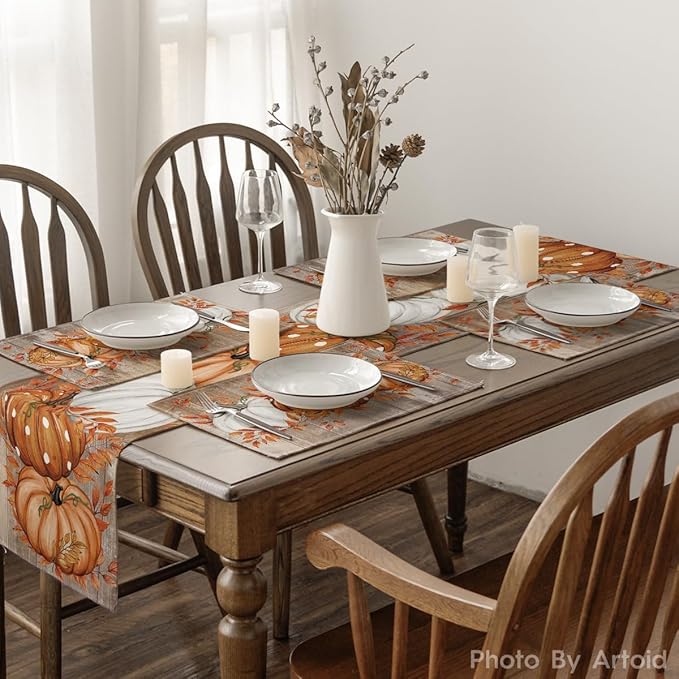 Artoid Mode White Pumpkin Wood Grain Fall Placemats Set of 6, 12x18 Inch Seasonal Thanksgiving Holiday Table Mats for Party Kitchen Dining Decoration
