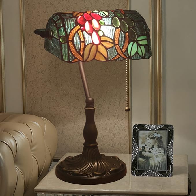 Tiffany Style Bankers Table Lamp Stained Glass Piano Desk Lamp Vintage Bedroom Bedside Lamp for Study,Antique Alloy Base,Zipper Switch,Grape