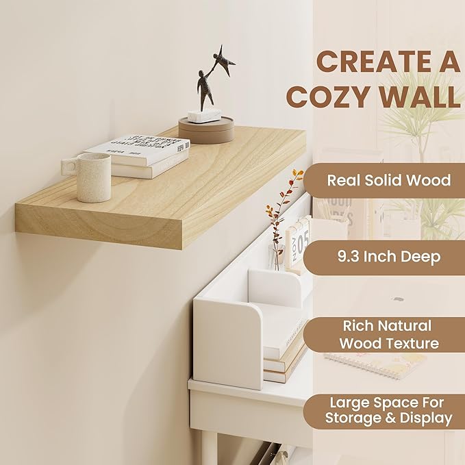 Fun Memories Deep Floating Shelves 16 Inch Long, Natural Wood Floating Shelf for Wall, Set of 2, Rustic 9 Inch Deep Wall Shelves, Deep Bathroom Shelves for Storage & Display, Natural Color