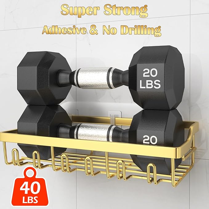 2 Pack Shower Caddy, Adhesive Shower Organizer for Bathroom Storage, Rustproof Stainless Steel Shower Shelves, No Drilling, Large Capacity Shower Rack Shelf for Inside Shower, Gold